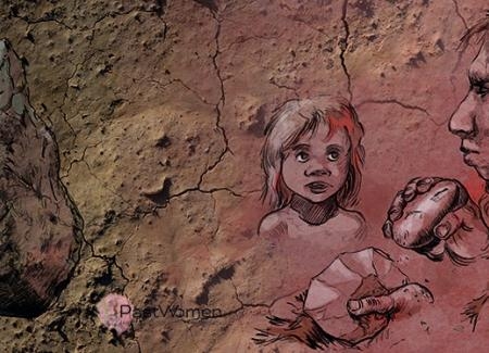 Neandertales tallando piedra. Ilustración de Esperanza Martín e Iñaki Dieguez.jpg